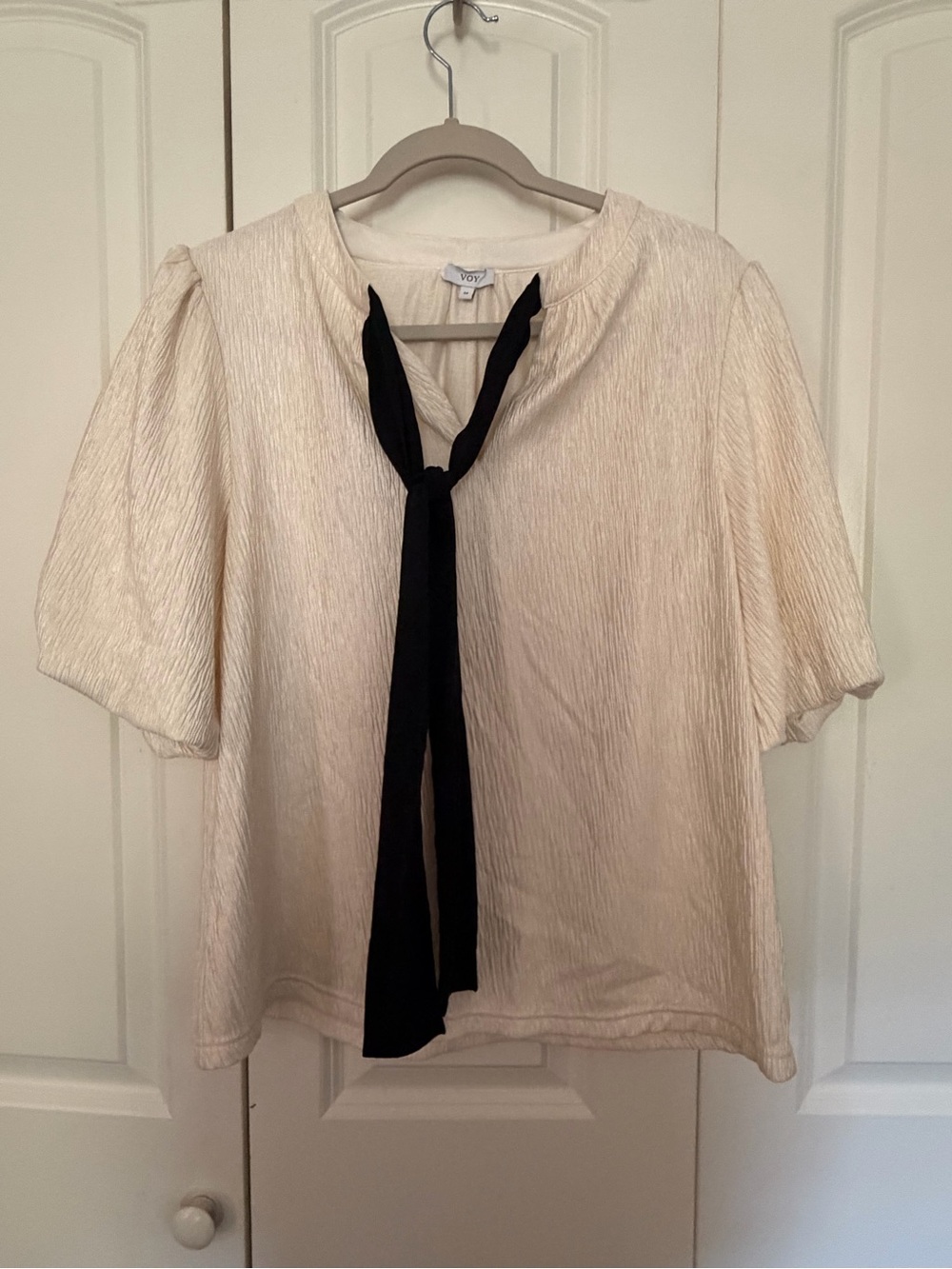 Ivory Tie-Neck Puff Sleeve Blouse with Black Neck Tie